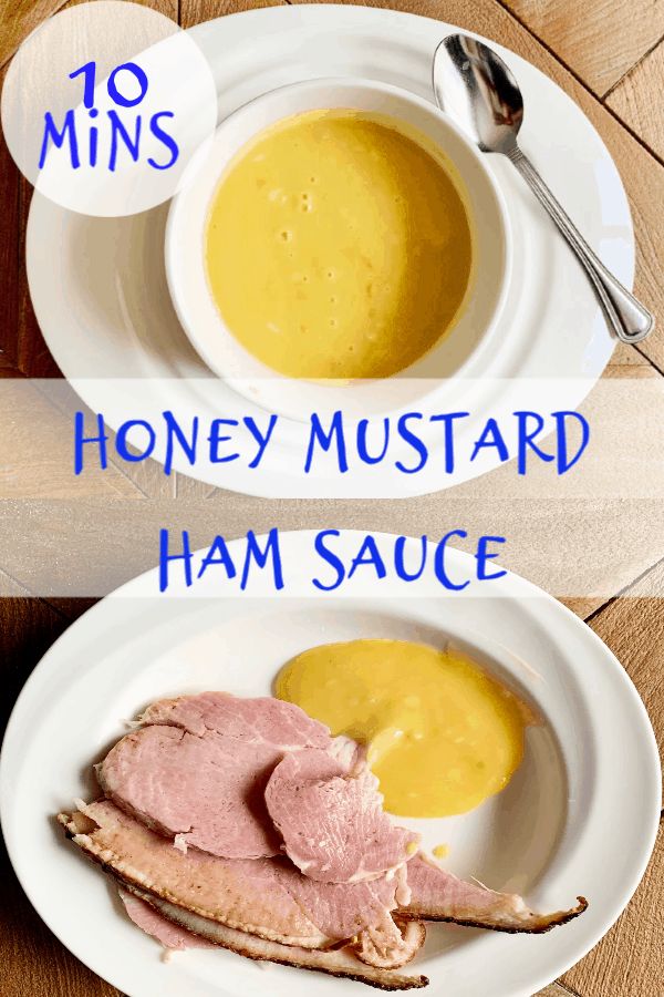 two plates with ham and mustard on them