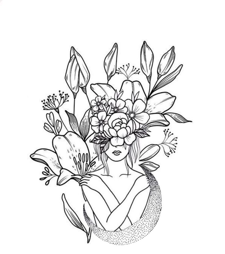 a black and white drawing of flowers in a vase