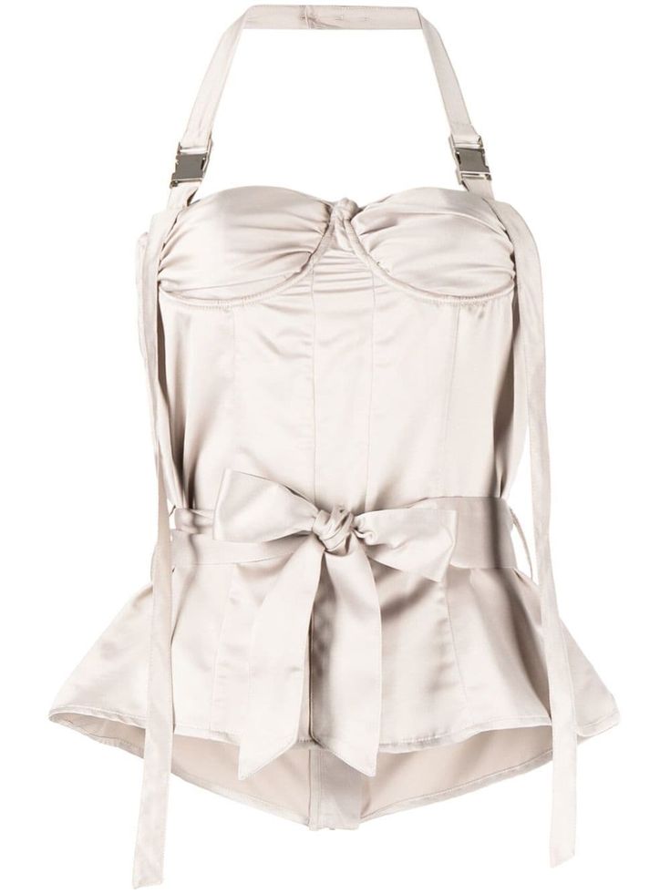 beige satin weave silver-tone hardware ruched detailing bustier-style neckline halterneck clip fastening exposed rear zip fastening tied waist straight hem Halterneck Top, Clothing Pieces, Princess Outfits, Halter Neck Top, Lovely Clothes, Alternative Outfits, Bustiers, Classic Outfits, Stage Outfits