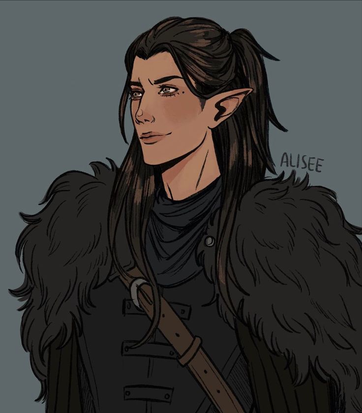 a drawing of an elf with long black hair and a furry coat on his shoulders