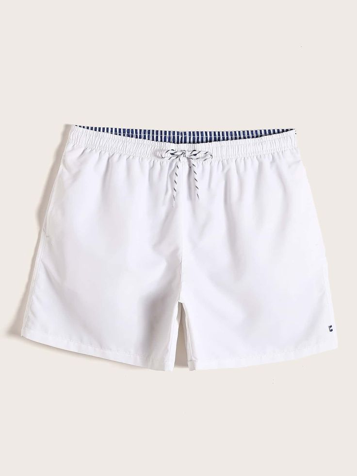 White Boho Collar  Fabric Plain Bottoms Embellished Non-Stretch  Men Clothing White Fitted Swim Trunks, Casual White Short Swim Trunks, White Fitted Short Swim Trunks, White Fitted Short-length Swim Trunks, Beach Shorts Men, White Swim Trunks, Men Waist, Men Swimwear, Swimming Beach