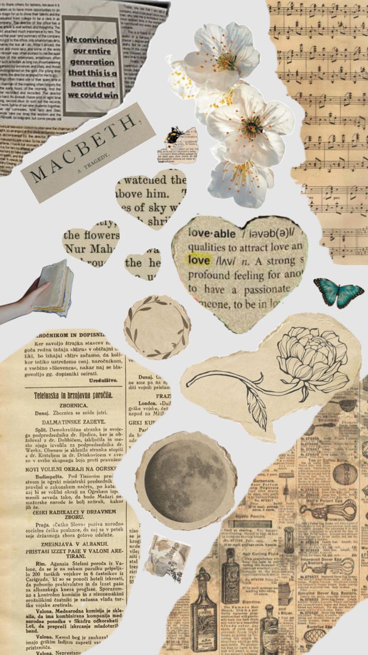 an old newspaper with paper cutouts and flowers on it's side, surrounded by other papers