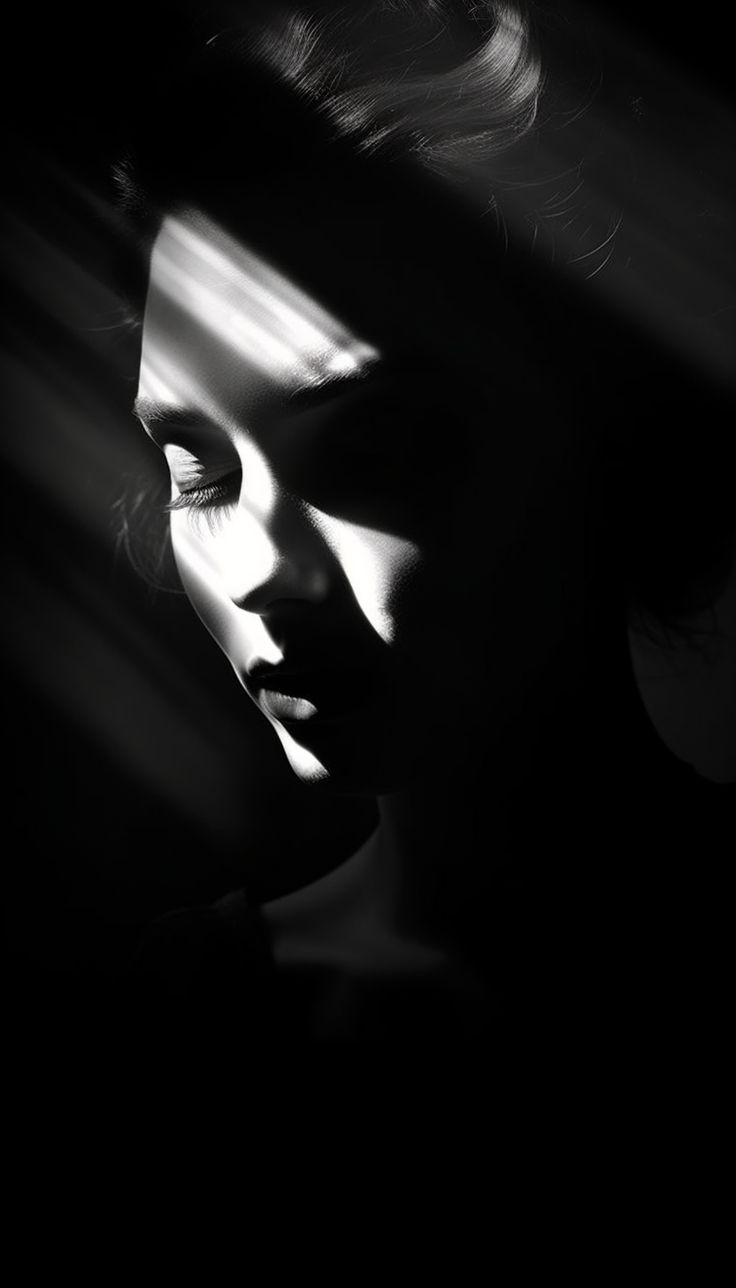 a black and white photo of a woman's face with light coming through her eyes