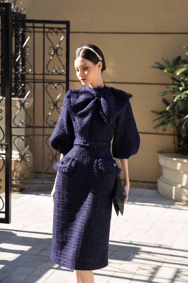 Purple Tweed Dress, Tweed Dress Outfit Classy, Winter Work Dress, Tweed Fashion, Classy Gowns, Dresses Princess, Elegant Dresses Classy, Semi Formal Dresses, Tailor Shop