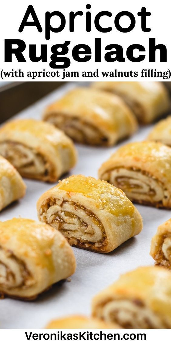 an image of some food that is in the oven with text overlay reading apricot rugelach with apricot jam and walnuts filling