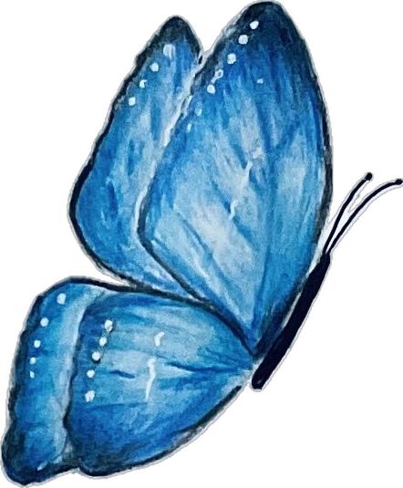 a blue butterfly with white dots on it's wings is flying in the air