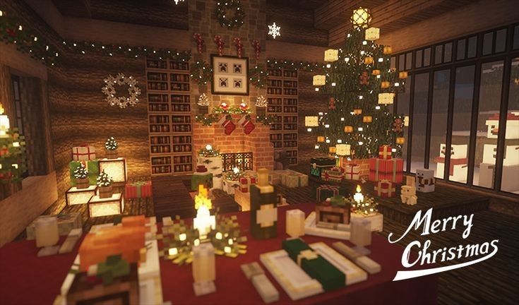 a room decorated for christmas with lit candles and presents on the table in front of it