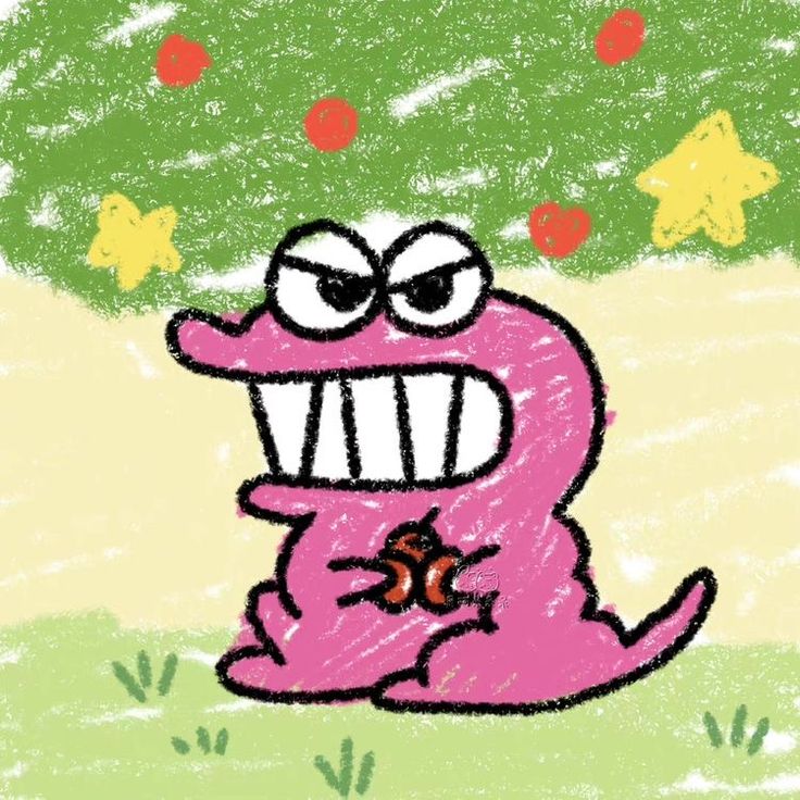 a drawing of a pink monster with its mouth open and eyes wide open sitting on the ground