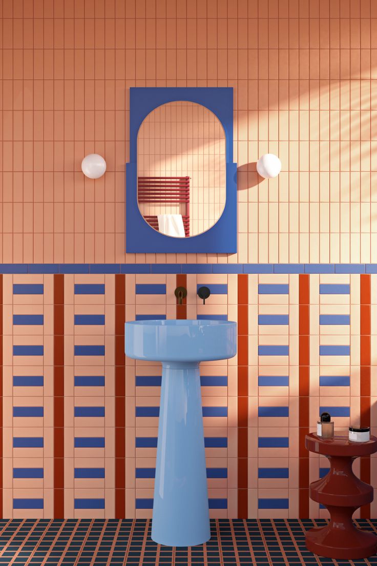 orange, red, and blue tile bathroom Drømme Bad, Designer Tiles, Interior Design Per La Casa, Bad Inspiration, Dream House Decor, Interior Inspo, House Inspo, Bathroom Inspiration, 인테리어 디자인