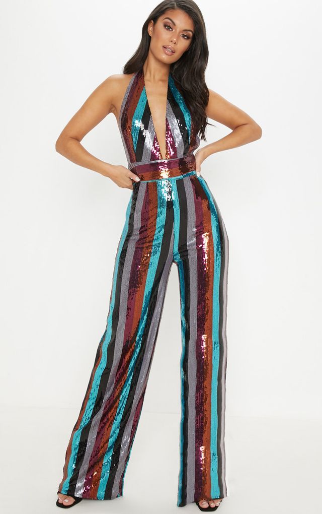 Multi Stripe Sequin Halterneck Jumpsuit 70s Disco Jumpsuit Outfit, 70s Sparkly Outfit, Bell Bottom Jumpsuit Vintage 70s, 70s Sequin Jumpsuit, Disco Woman Outfits, 70s Disco Attire, Cirque Du Soleil Party Outfit, 70s Sequin Dress, 70s Stage Outfit