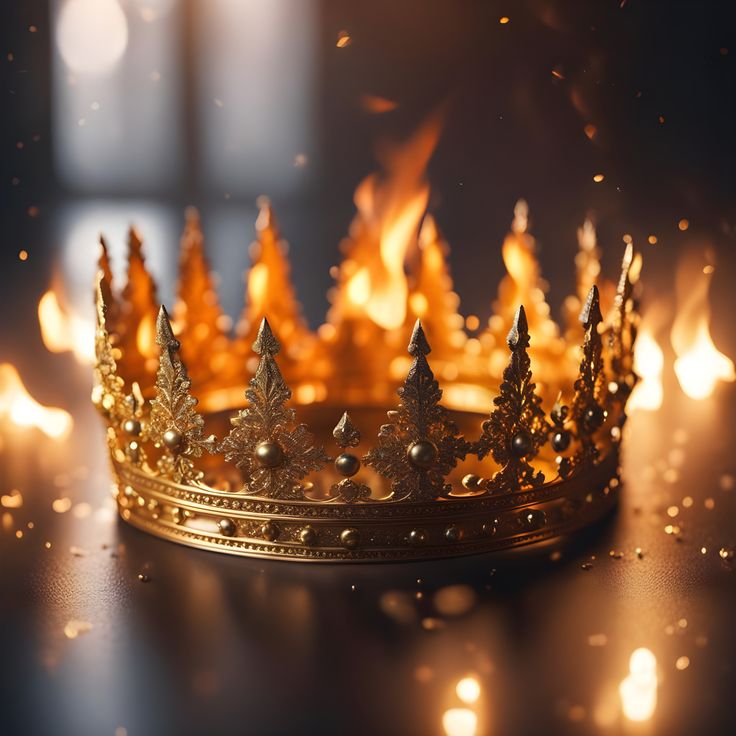 a gold crown sitting on top of a table next to some lit candles and a window