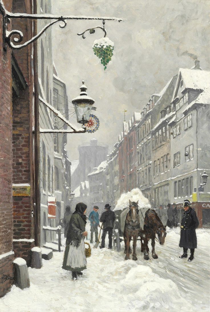 a painting of people walking in the snow on a city street with horse drawn carriages