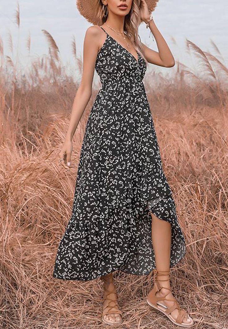 The Emes Shop dress is detailed with a unique high low hem. Features a v neck line. floral prints. spaghetti straps. flowy skirt. and below knee length. Pair it with sandals and dainty jewelry for a stunning look.MATERIAL:100% Soft Poly MEASUREMENTS:Dress Length is 51"-53"in Small | Bust: 23-41"in & Waist: 23-37"in Medium | Bust: 25-43"in & Waist: 25-39"in Large | Bust: 27-45"in & Waist: 27-41"in X Large | Bust: 29-48"in & Waist: 29-44"in MEASUREMENTS:Dress Length is 130-136 cm Small | Bust: 60-106 cm& Waist: 60-96 cm Medium | Bust: 64-110 cm & Waist: 64-100 cm Large | Bust: 70-116 cm & Waist: 70-106 cm X Large | Bust: 76-122 cm & Waist: 76-112 cm V-neck Ditsy Floral Print Sundress, Elegant Beach Maxi Dress With Ditsy Floral Print, Flowy Spaghetti Strap Floral Maxi Dress, Flowy Floral Print Maxi Dress With Spaghetti Straps, Flowy Maxi Dress With Spaghetti Straps And Floral Print, Elegant Ditsy Floral Print Maxi Dress For Vacation, Elegant Summer Maxi Dress With Ditsy Floral Print, Flowy Floral Dress With Spaghetti Straps, Elegant Beach Dresses With Ditsy Floral Print