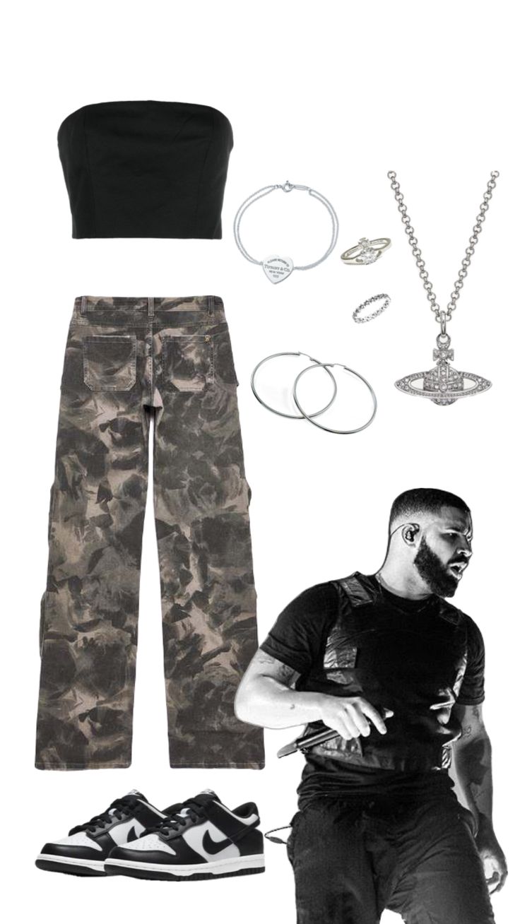 a man in black shirt and camo pants with necklaces on his chest, shoes and