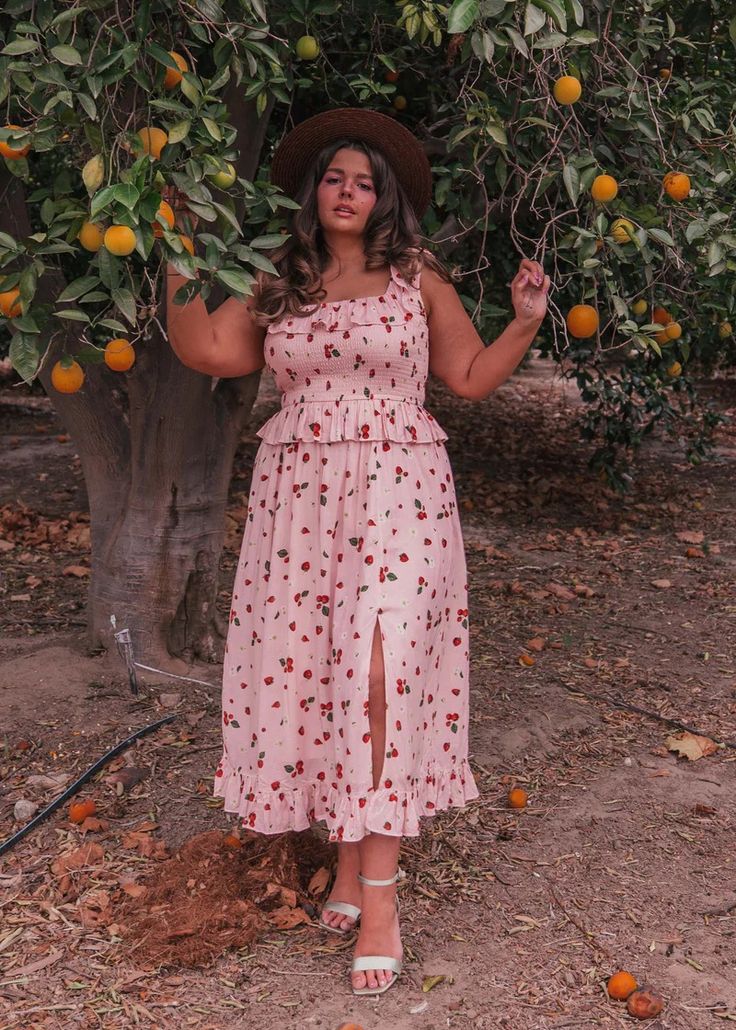 Berry Bunch Dress - Strawberry, Valentine's Day, Valentine's fashion, pink, hearts, wedding guest dress, fashion, mid size fashion, plus size dress, size inclusive, inclusive fashion, body positivity, fashion shoot, model, photoshoot, women's fashion, OOTD, bridesmaid dresses, church dress, engagement dress, wedding, date night, cocktail dress, style, lifestyle shoot Sweet Dress For Spring Garden Party, Sweet Dresses For Spring Garden Party, Spring Brunch Dress With Fruit Print, Casual Fruit Print Dresses For Spring, Sweet Spring Picnic Dress, Sweet Spring Dress For Picnic, Spring Garden Party Dress With Fruit Print, Sweet Spring Dresses For Picnic, Sweet Spring Vacation Dress