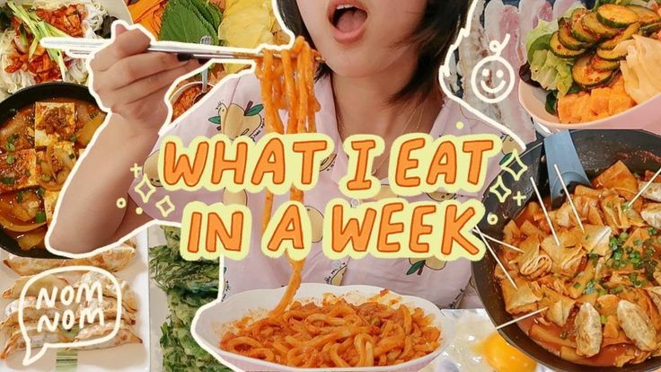 a woman is eating noodles with chopsticks in front of her and the words what to eat in a week