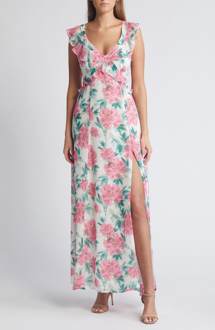 Usher in the springtime vibes in this delightful dress fashioned with a ruffled bodice and a vibrant allover floral print. 56" length (size medium) Deep V-neck Cap sleeves Lined 100% polyester Hand wash, line dry Imported Pink Floral Print Maxi Dress With Ruffled Straps, Pink Maxi Dress With Floral Print And Ruffled Straps, Pink Ditsy Floral Print Dress For Vacation, Pink Floral Dress With Ditsy Print For Vacation, Pink Maxi Dress With Ruffled Straps For Vacation, Pink Floral Dress For Vacation, Pink Ditsy Floral Dress For Garden Party, Spring Rose Print Maxi Dress For Garden Party, Pink Summer Maxi Dress With Ruffled Straps