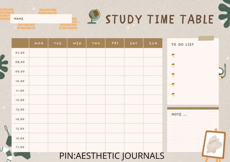 a printable study time table is shown in this graphic style, with flowers and leaves around it