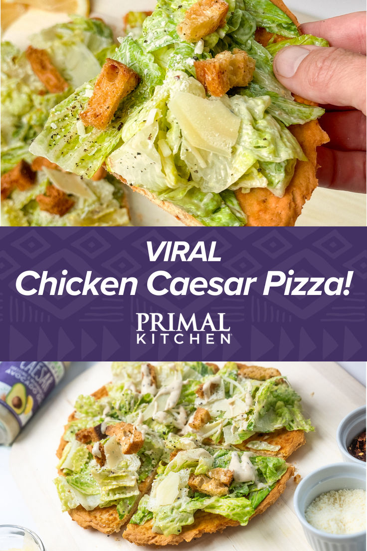 the chicken caesar pizza is topped with lettuce, cheese and other toppings