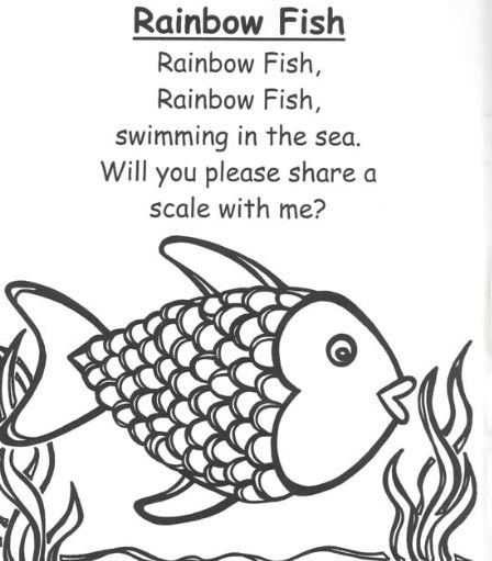 a coloring page with an image of a rainbow fish in the water and text reading rainbow fish, rainbow fish, swimming in the sea will you please share a scale with me?