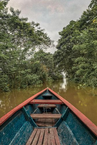 a boat is in the middle of a river with brown water and trees around it