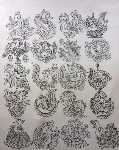 20 Most amazing peacock Butta sketch Peacock Outline Drawing Simple, Peacock Drawing For Embroidery, Aari Flower Motif, Traditional Design Drawing, Peacock Sketch Design, Indian Designs Pattern Art, Indian Motifs Pattern, Drawing Of A Pen, Kalamkari Painting Traditional