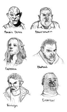 six different faces drawn in black and white with the names of each character on them