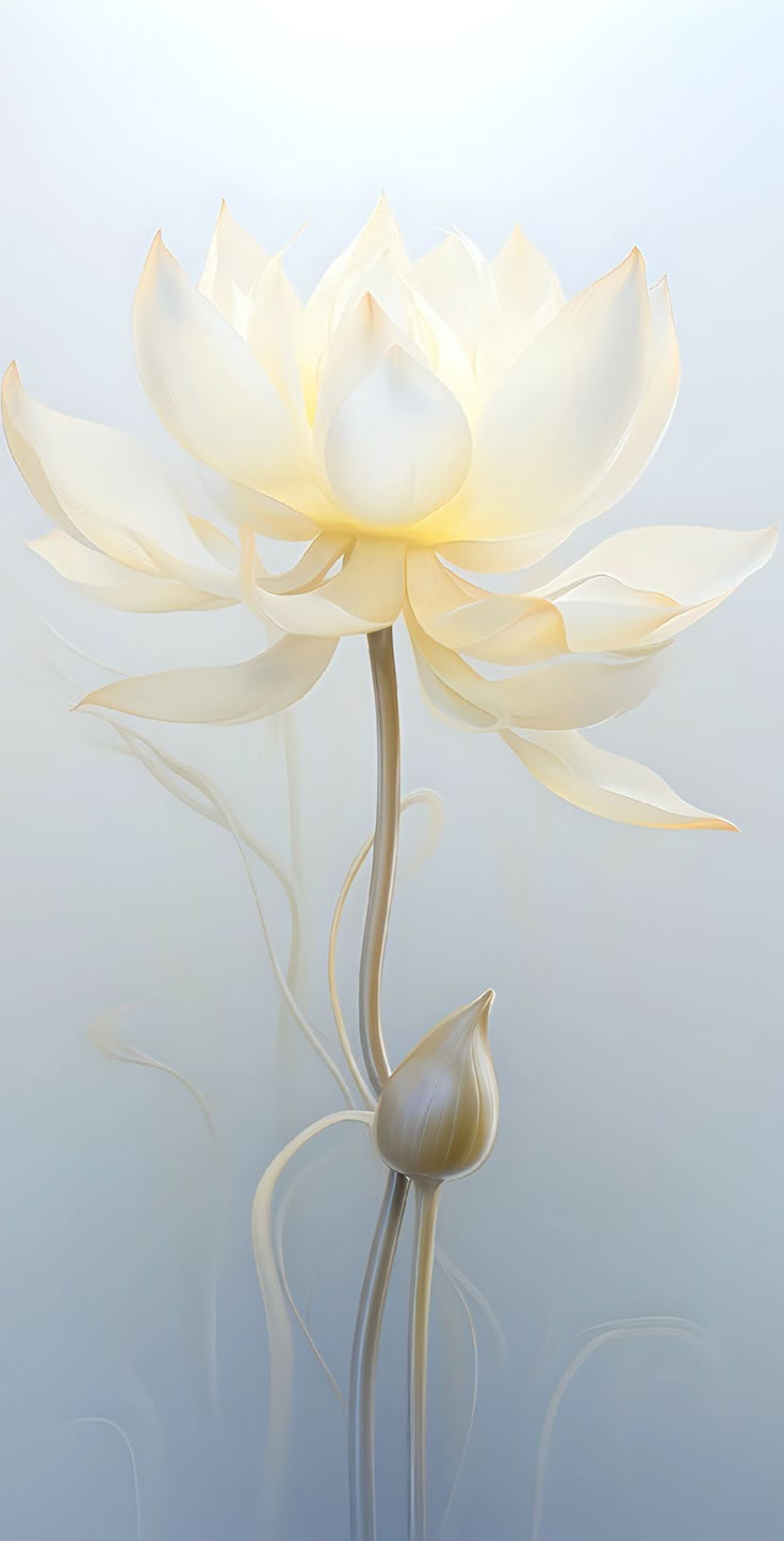 a large white flower sitting on top of a body of water in front of a blue sky