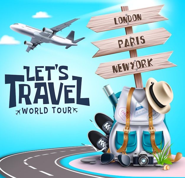 an advertisement for the london paris new york world tour, with a cartoon character sitting in front of a sign that says let's travel