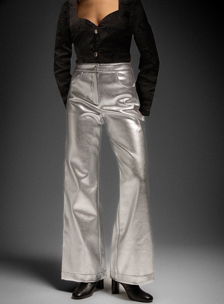 Regular-fit metallic pants. with 2 front pockets for using them all day long. Go to the office or the dance floor, get them, or regret itHandmade in BarcelonaWe produce every item one by one on demandPrices so low for exclusive designs handmade in Europe need some patienceGetting you the best deals for luxury quality products with minimal environmental impact requires a little more waitingAs no material or energy is misused to make this on-demand piece, we can offer a better price. What is good Silver Pants, Metallic Pants, Thrift Haul, Pants Wide Leg, The Dance, Environmental Impact, Socks And Hosiery, Cardigan Coat, Dance Floor