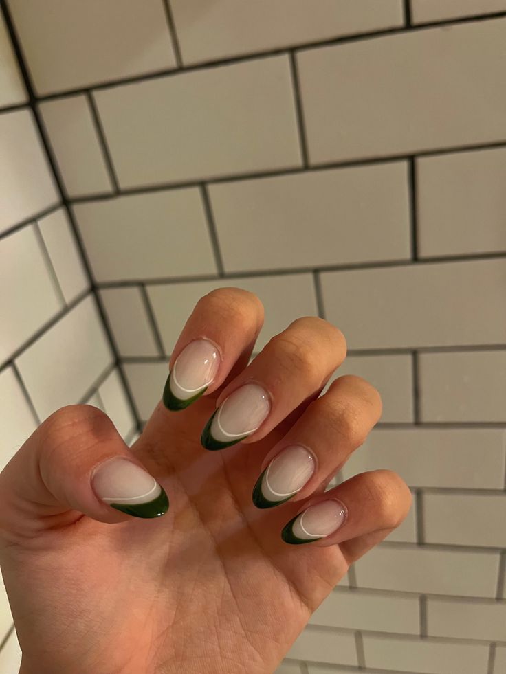 Green French Tip With White Line, Colored French Tip With Chrome, White French Tip Nails With Green Design, French Tip With Green Line, White And Green French Tip Nails, Green And White French Tip Nails, Green And White French Tip, Nude And Green Nails, Ireland Nails