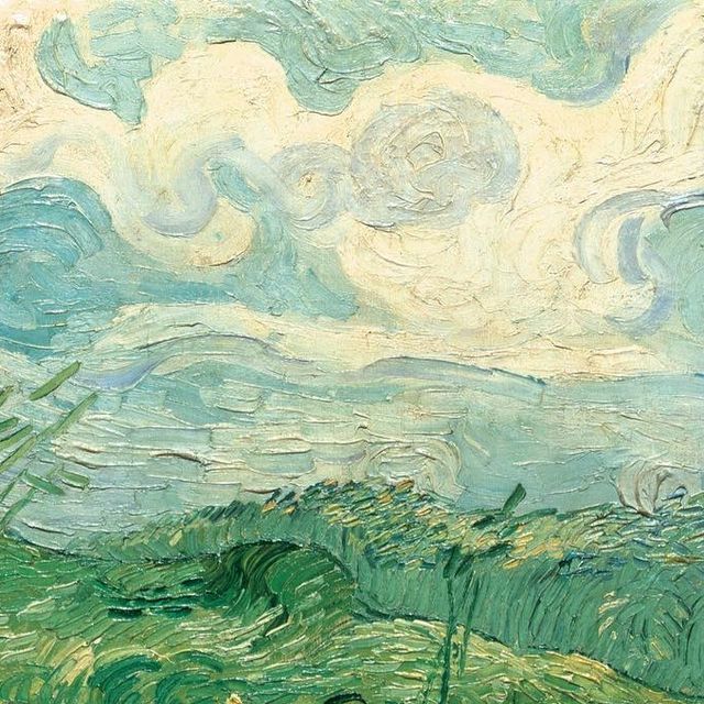 an abstract painting with green grass and blue sky in the background, including white clouds