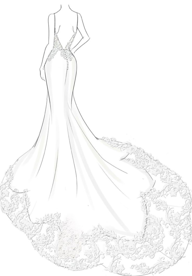 a drawing of a woman in a wedding dress with flowers on the skirt and back