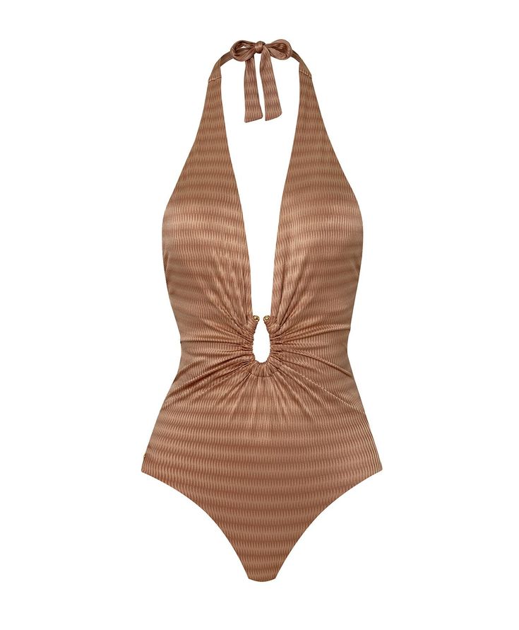 A halter swimsuit in rich caramel that makes nothing short of a bold statement. This luxurious one-piece features a deep plunging neckline, zig-zag textured material and 24k gold-plated accents in the front and back. This piece was thoughtfully produced in collaboration with Haley Kalil as an ode to celebrating confidence and individuality this summer. Chic Gold Swimwear For Summer, Gold Sleeveless Swimwear For Beach, Elegant Gold Swimwear For Summer, Gold Backless Swimwear For Vacation, Elegant Gold Swimwear For Poolside, Gold Sleeveless Swimwear For Pool, Gold Backless Halter Top For Summer, Chic Gold Swimwear For Sunbathing, Chic Gold Swimwear For The Pool