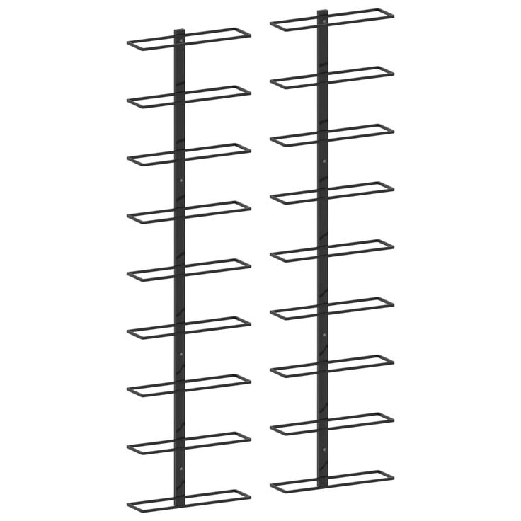 three black metal racks with four different sized shelves on one side and two smaller ones on the other