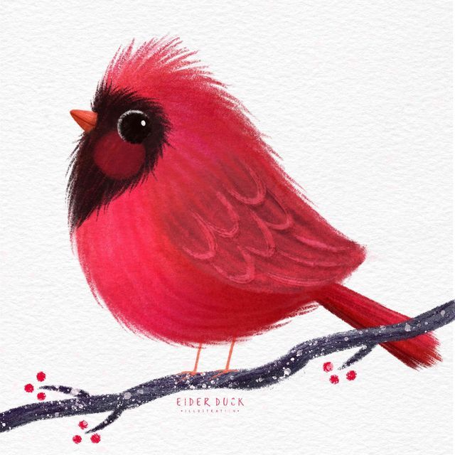 a watercolor painting of a red bird sitting on a branch with berries around it