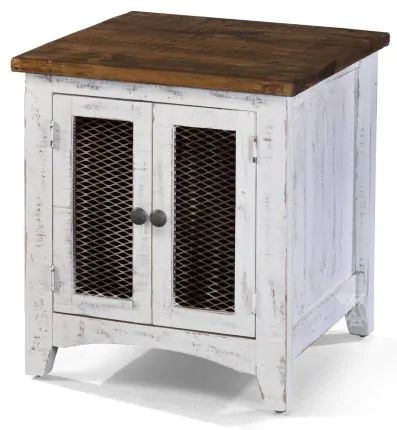 a white cabinet with two doors and a wooden top