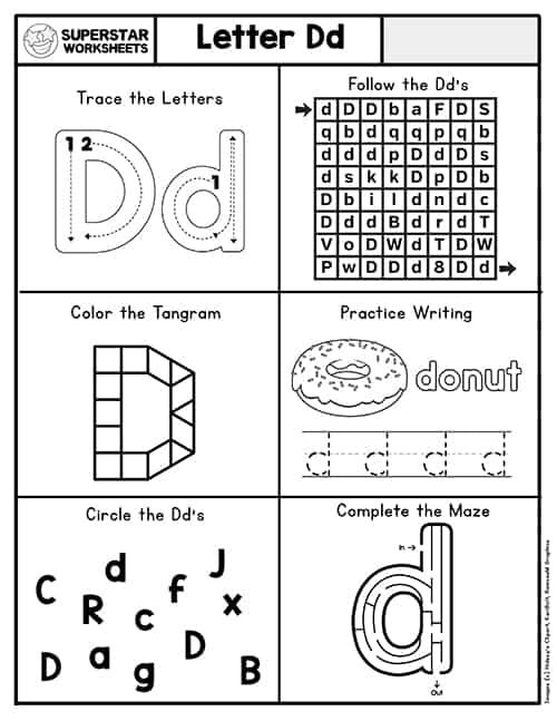 letter d worksheet with pictures to help students learn how to read the alphabet