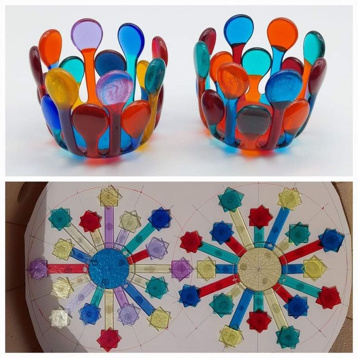 two pictures of different colored glass objects on top of each other, and one has an image of a sunburst in the middle