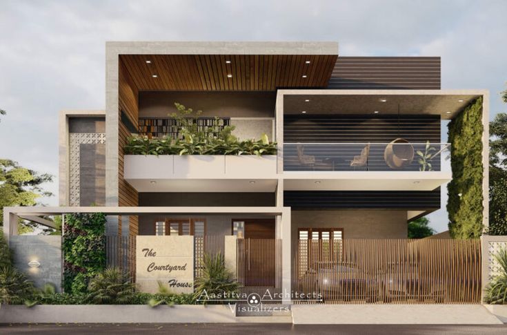 an artist's rendering of a two story building with balconies and plants on the balcony