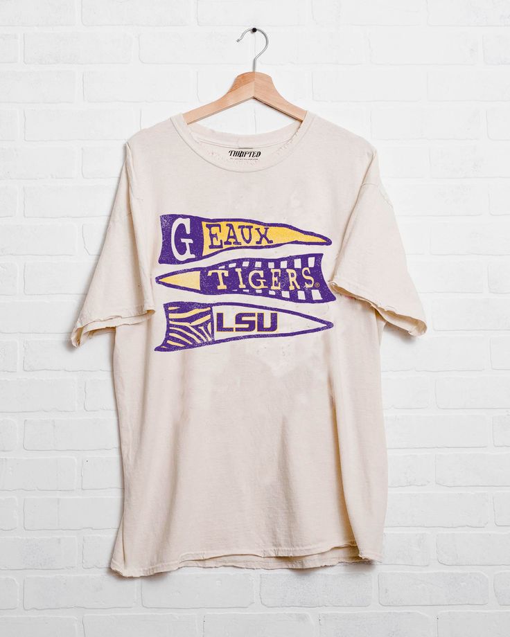 LSU Tigers Pennant Off White Thrifted Tee - shoplivylu Thrifted Tees, Osu Cowboys, School Shirt Designs, College Tees, University Shirt, College Shirts, College T Shirts, Spirit Wear, School Shirts