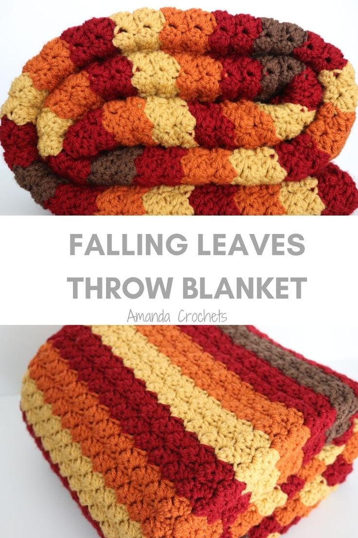 two crocheted blankets with the words falling leaves throw blanket on top and bottom