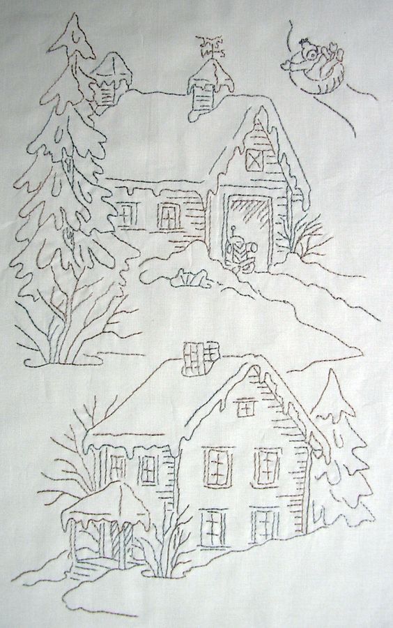 a drawing of a house with trees and snow on the ground in front of it