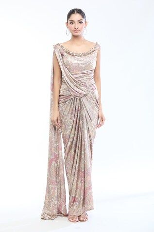 Multi color and gold base draped saree gown with all over flower prints, elevated with multi color crystal embellished neckline. - Aza Fashions Luxury Pre-draped Tilla Saree, Designer Fitted Pre-draped Saree With Intricate Embroidery, Designer Sleeveless Pre-draped Saree With Floral Embroidery, Fitted Sleeveless Pre-draped Saree With Intricate Embroidery, Sleeveless Pre-draped Saree With Floral Embroidery, Draped Saree Gown, Saree Gowns, Draped Saree, Embellished Neckline