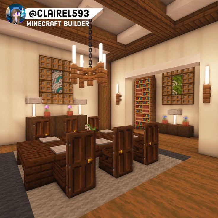 a minecraft dining room is shown with wooden tables and chairs in the middle of the room