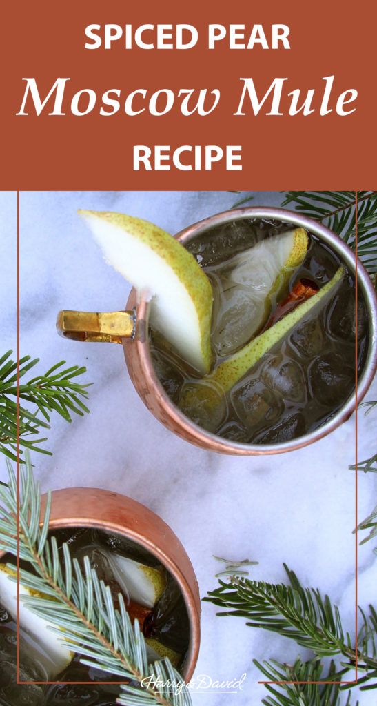 spiced pear moscow mule recipe in copper mugs with pine sprigs on the side