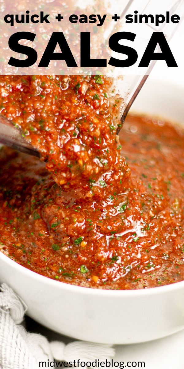 salsa being made in a white bowl with the words quick and easy salsa on it