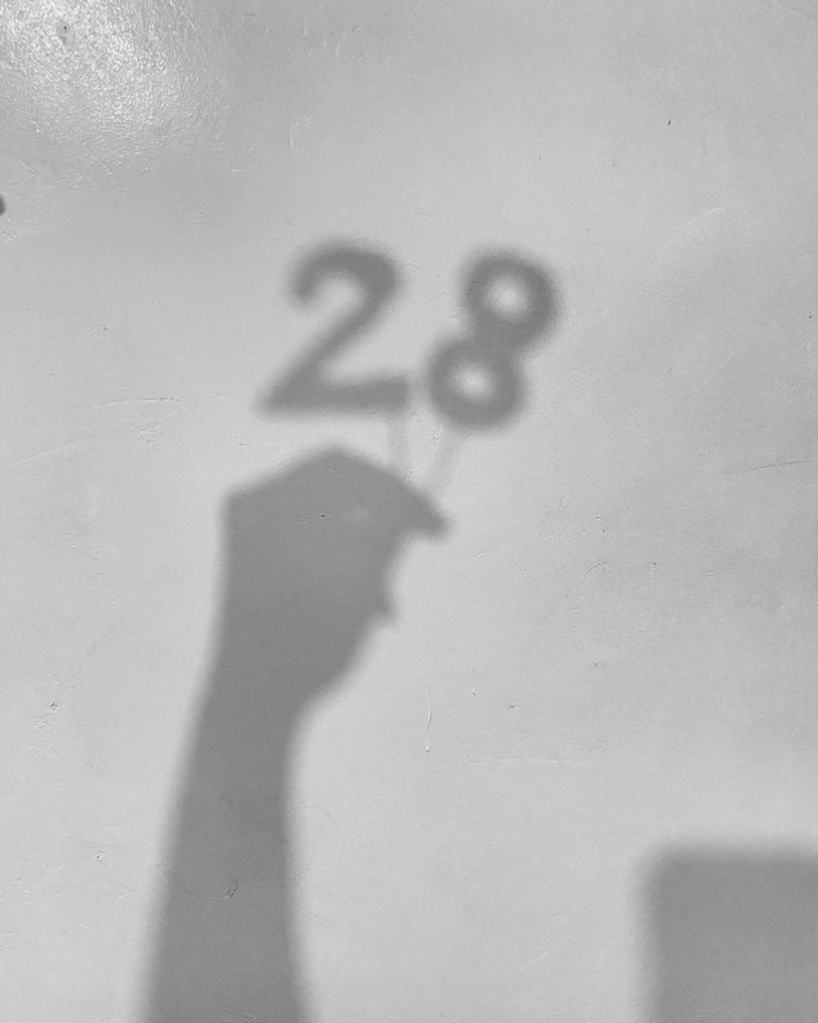 the shadow of a person holding a small object in their hand with the number 28 on it