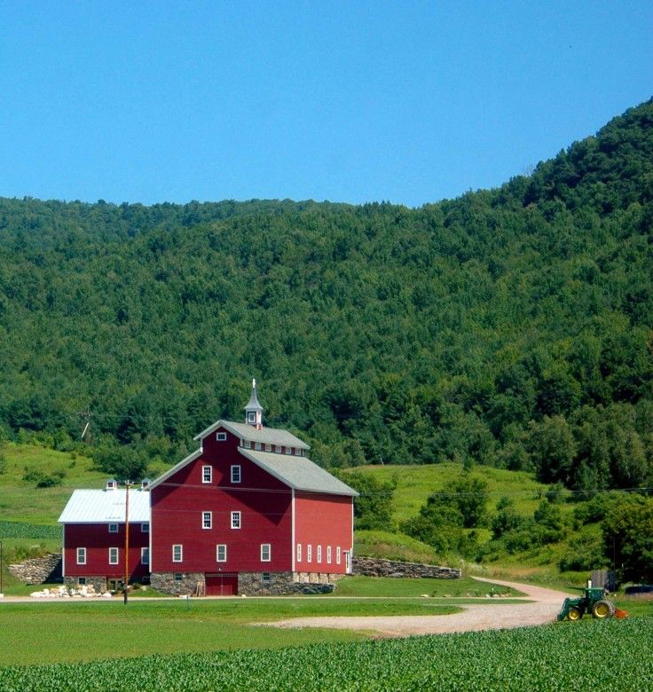 a large red barn sitting in the middle of a lush green field next to a forest