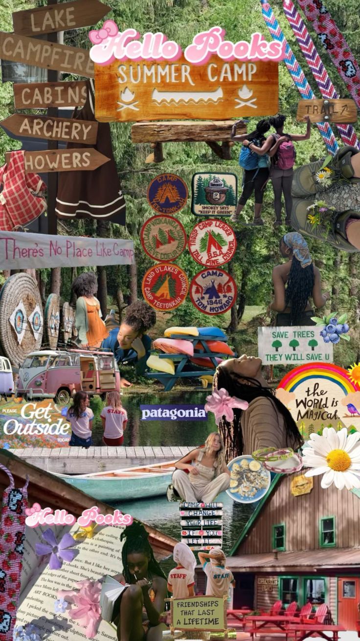 a collage of many different signs and people in the woods, with one person standing on a boat